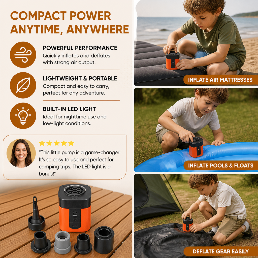 Portable Mini Air Pump with LED Light – Fast Inflate & Deflate