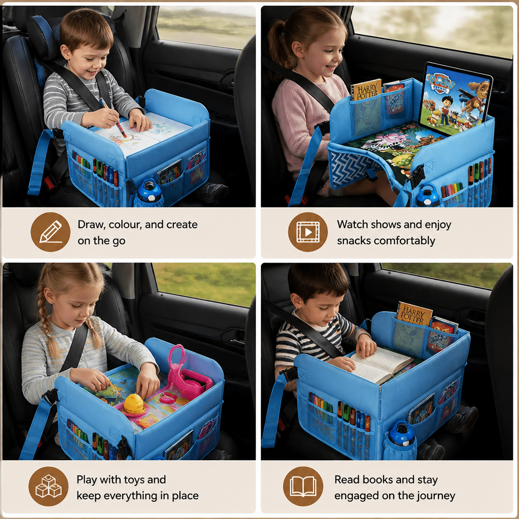 Kids Car Travel Tray with Storage Pockets and Activity Surface