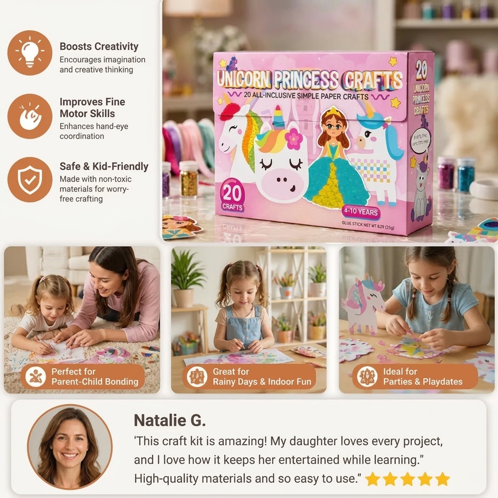 Kids Paper Crafts Box – 20 Easy DIY Arts & Crafts Projects for Ages 3–10 with Glue Stick, Tape & Envelopes