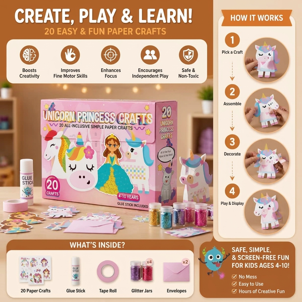 Kids Paper Crafts Box – 20 Easy DIY Arts & Crafts Projects for Ages 3–10 with Glue Stick, Tape & Envelopes