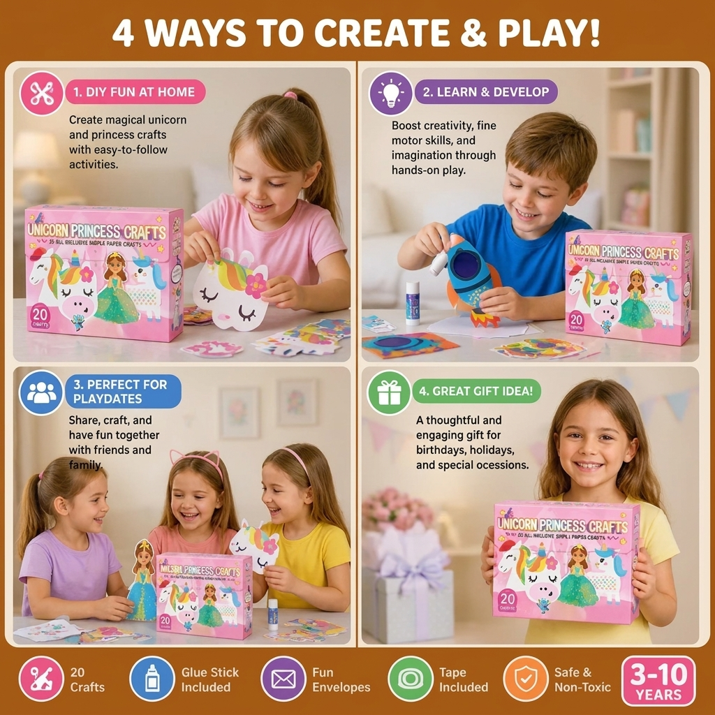 Kids Paper Crafts Box – 20 Easy DIY Arts & Crafts Projects for Ages 3–10 with Glue Stick, Tape & Envelopes