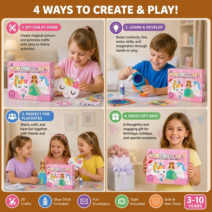 Kids Paper Crafts Box – 20 Easy DIY Arts & Crafts Projects for Ages 3–10 with Glue Stick, Tape & Envelopes