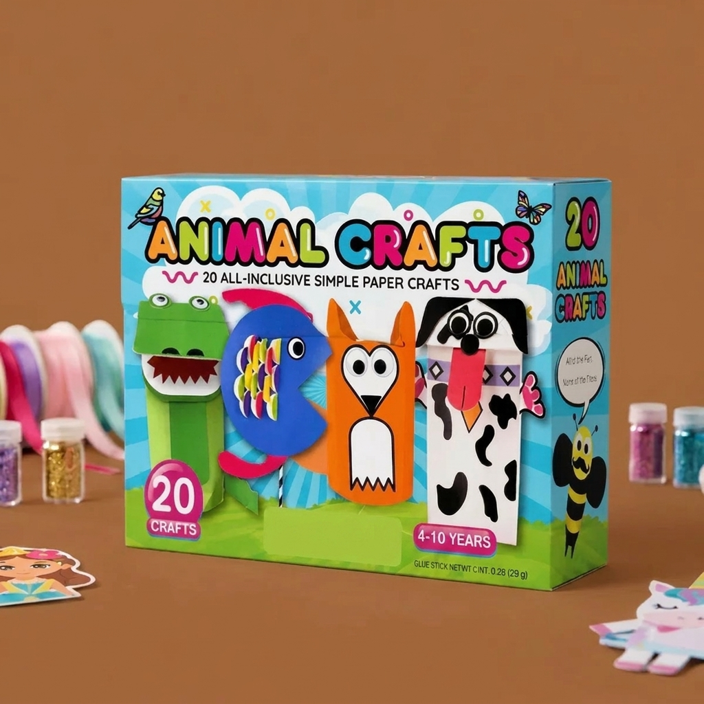 Kids Paper Crafts Box – 20 Easy DIY Arts & Crafts Projects for Ages 3–10 with Glue Stick, Tape & Envelopes