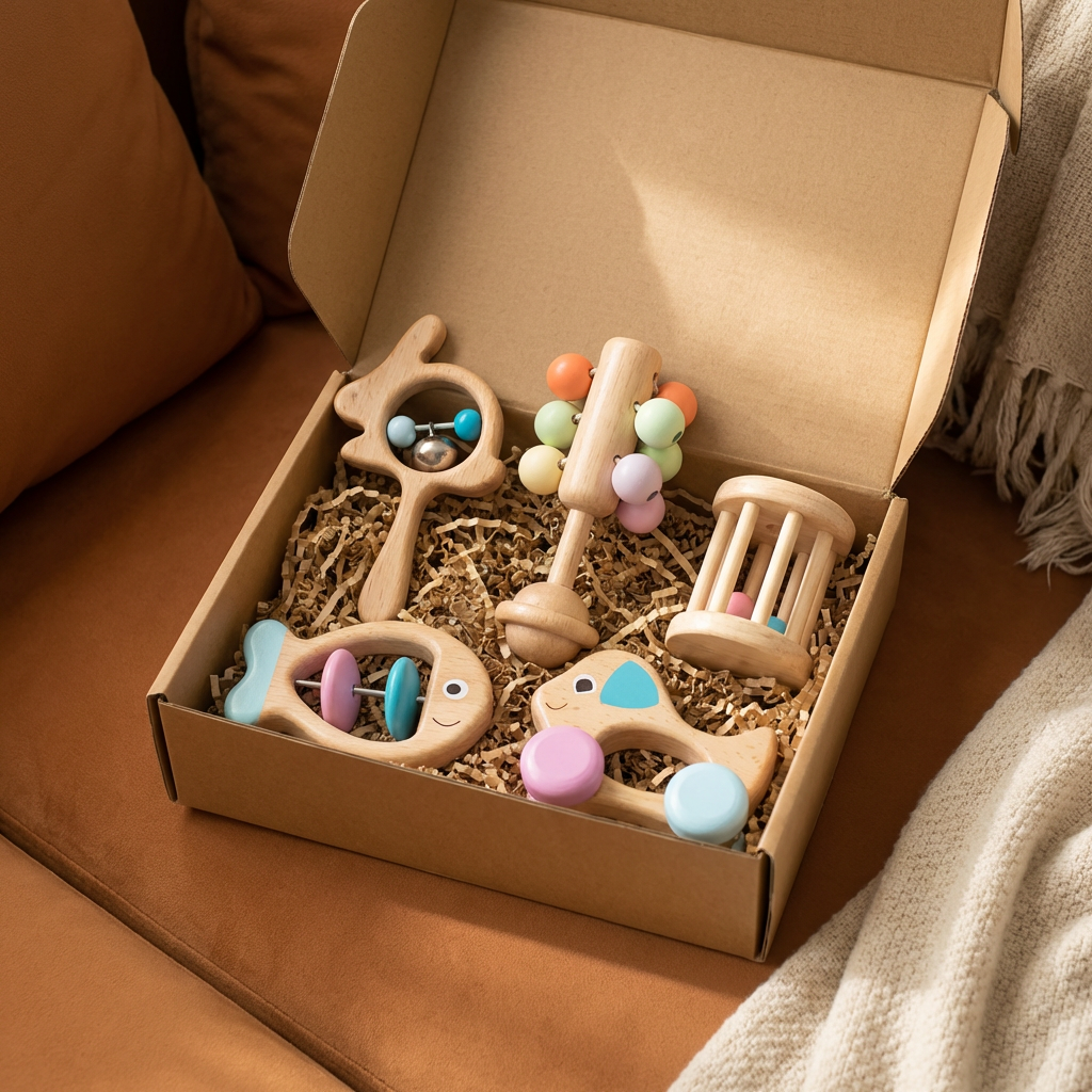 Natural Wood Rattle Gift Set for Baby Sensory Play