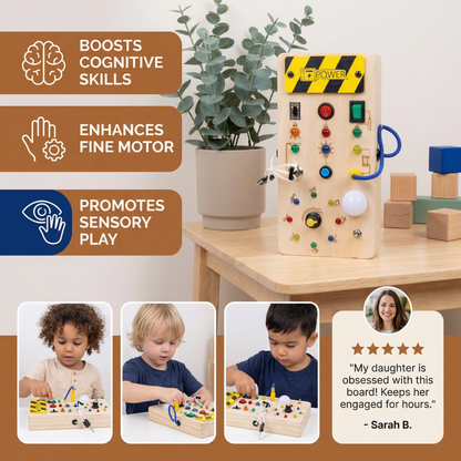 Montessori Wooden Sensory Board with Lights & Switches – Motor Skills Toy for Kids