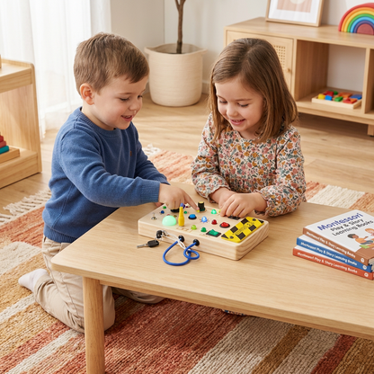 Montessori Wooden Sensory Board with Lights & Switches – Motor Skills Toy for Kids
