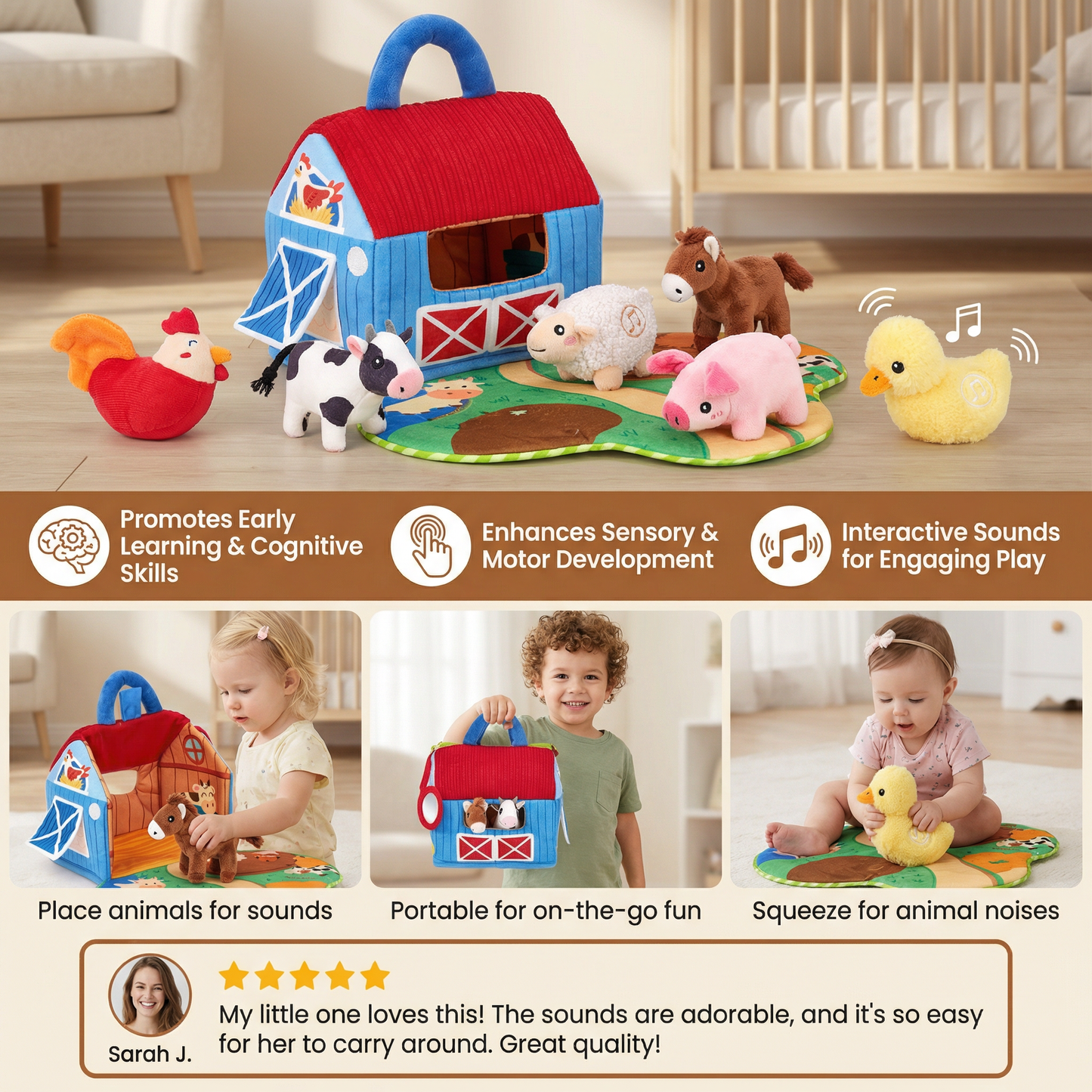 Farm Animal Plush Playset – Interactive Learning Toy with Portable Playhouse