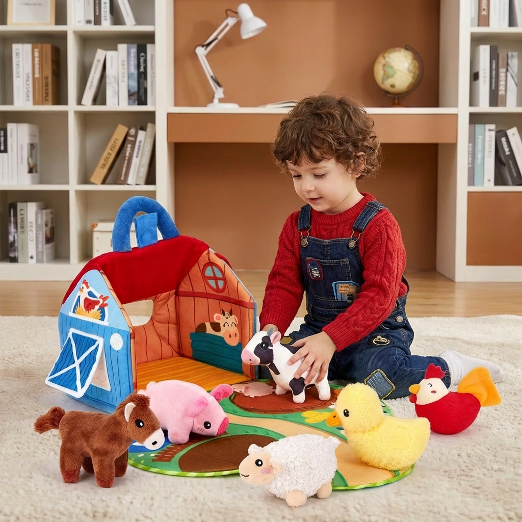 Farm Animal Plush Playset – Interactive Learning Toy with Portable Playhouse