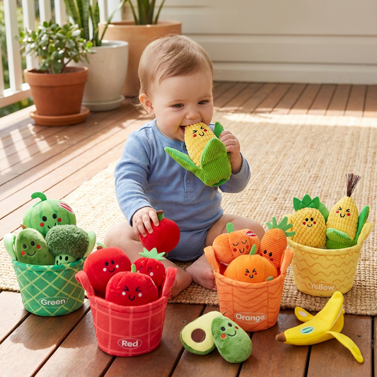 Soft Fruit & Vegetable Learning Toy for Babies – 4-Pack Color Sorting Set with Rattle and Crinkle Effect