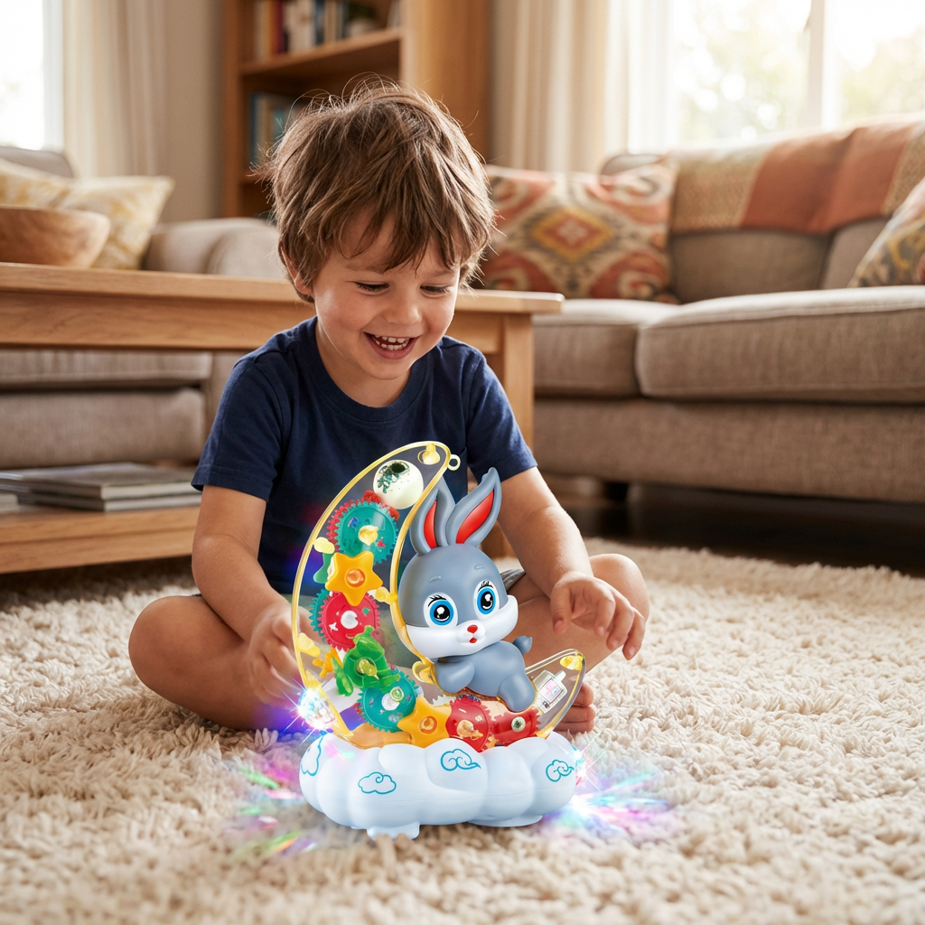 Light-Up Moon Bunny Toy – Transparent Gear Design with Music & LED Lights
