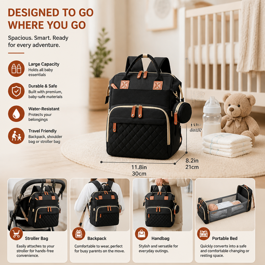 3-in-1 Travel Diaper Backpack with Foldable Baby Bed – Perfect for On-the-Go Parents