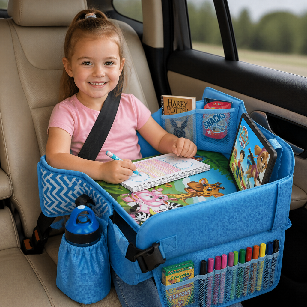 Kids Car Travel Tray with Storage Pockets and Activity Surface