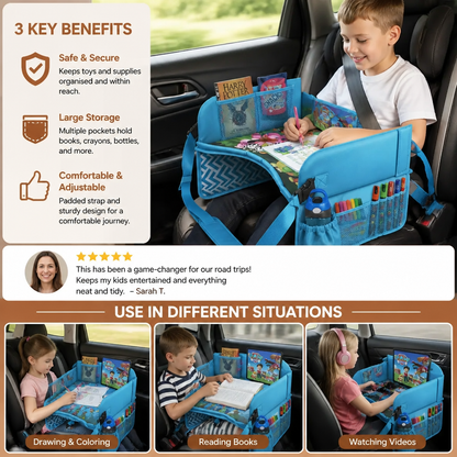 Kids Car Travel Tray with Storage Pockets and Activity Surface