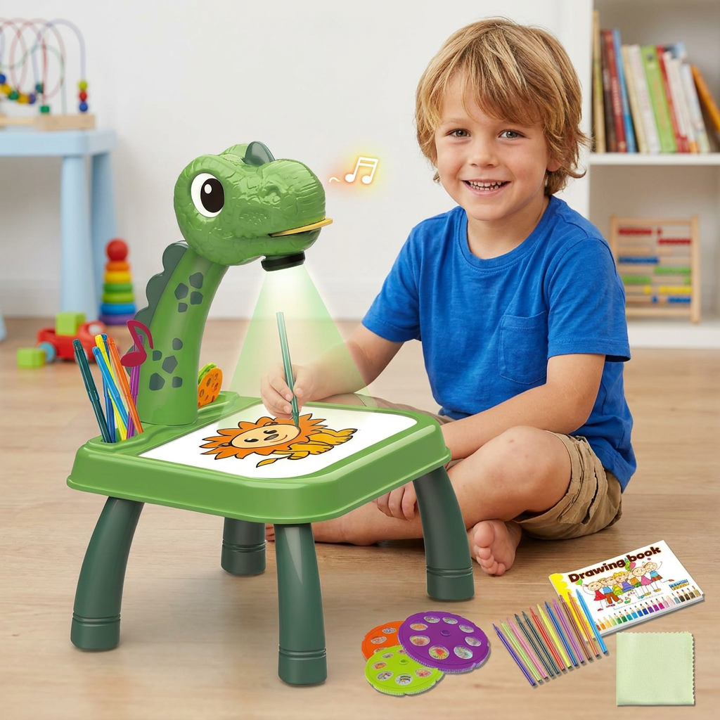 Dinosaur Projection Drawing Table for Kids with Markers and Music