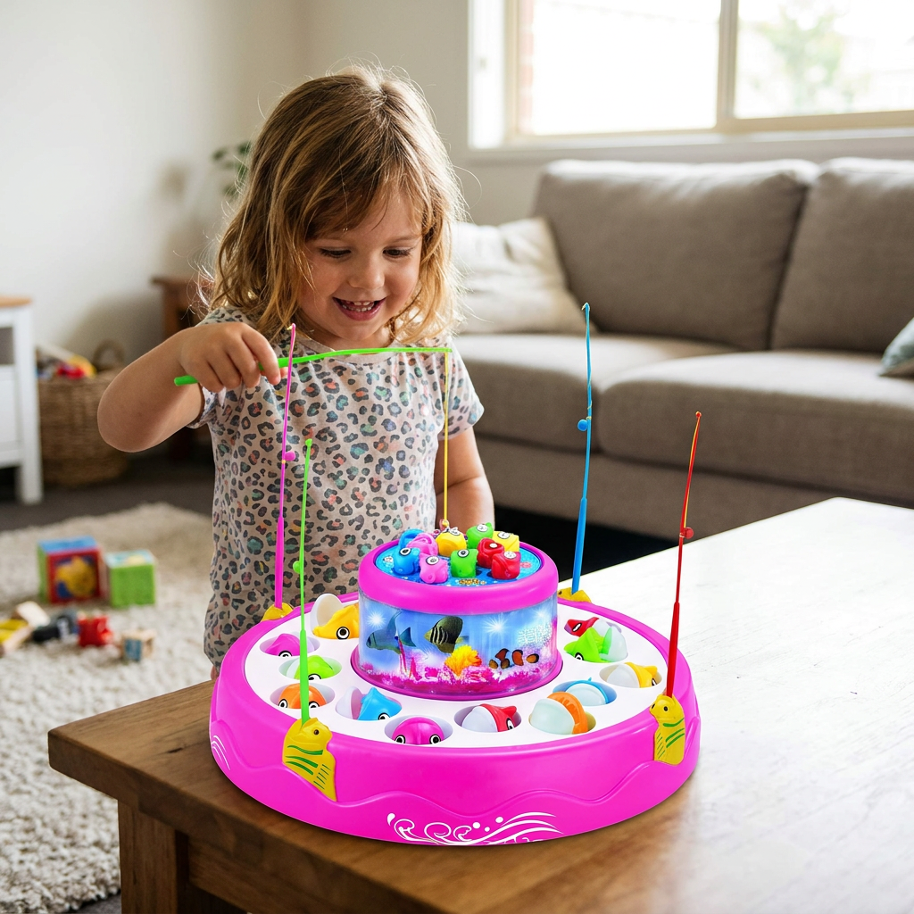 Electric Rotating Fishing Game Toy with Music and Colorful Fish