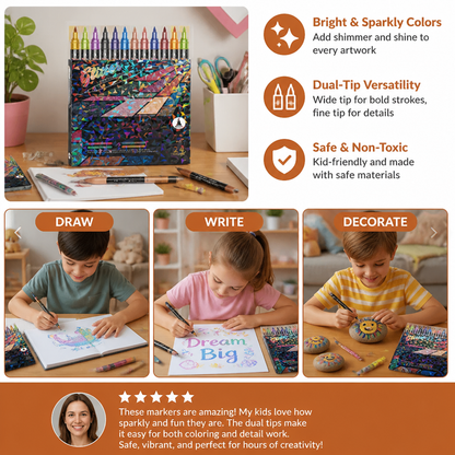 Glitter Brush Marker Set – Dual-Tip Sparkling Art Markers