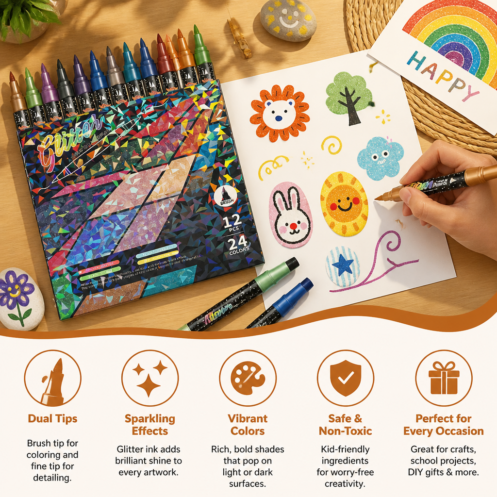 Glitter Brush Marker Set – Dual-Tip Sparkling Art Markers