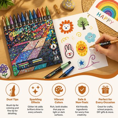 Glitter Brush Marker Set – Dual-Tip Sparkling Art Markers