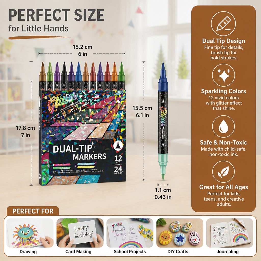 Glitter Brush Marker Set – Dual-Tip Sparkling Art Markers