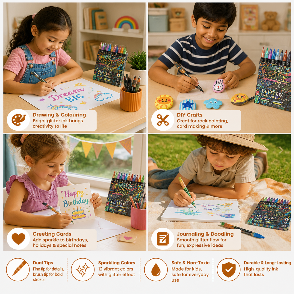 Glitter Brush Marker Set – Dual-Tip Sparkling Art Markers