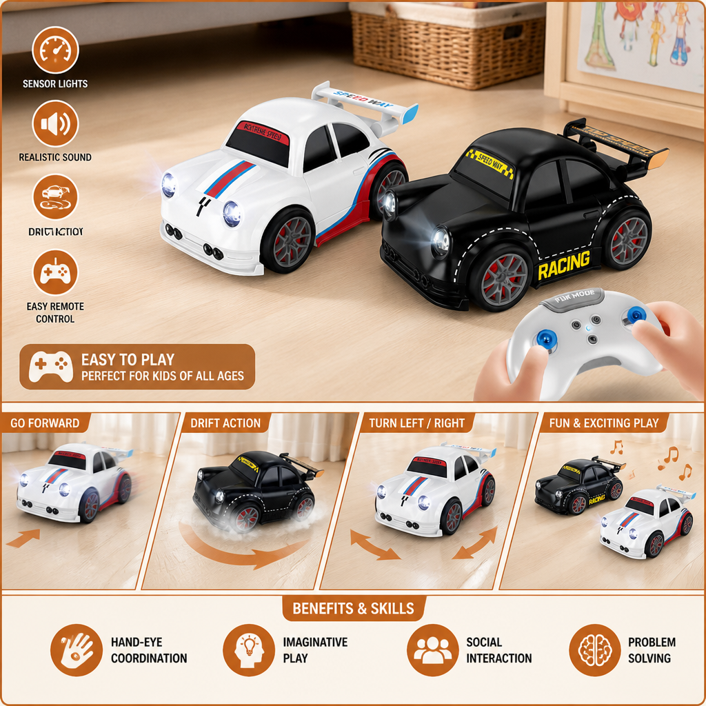 RC Racing Drift Car for Kids - Remote Control with Sensor Lights & Sound