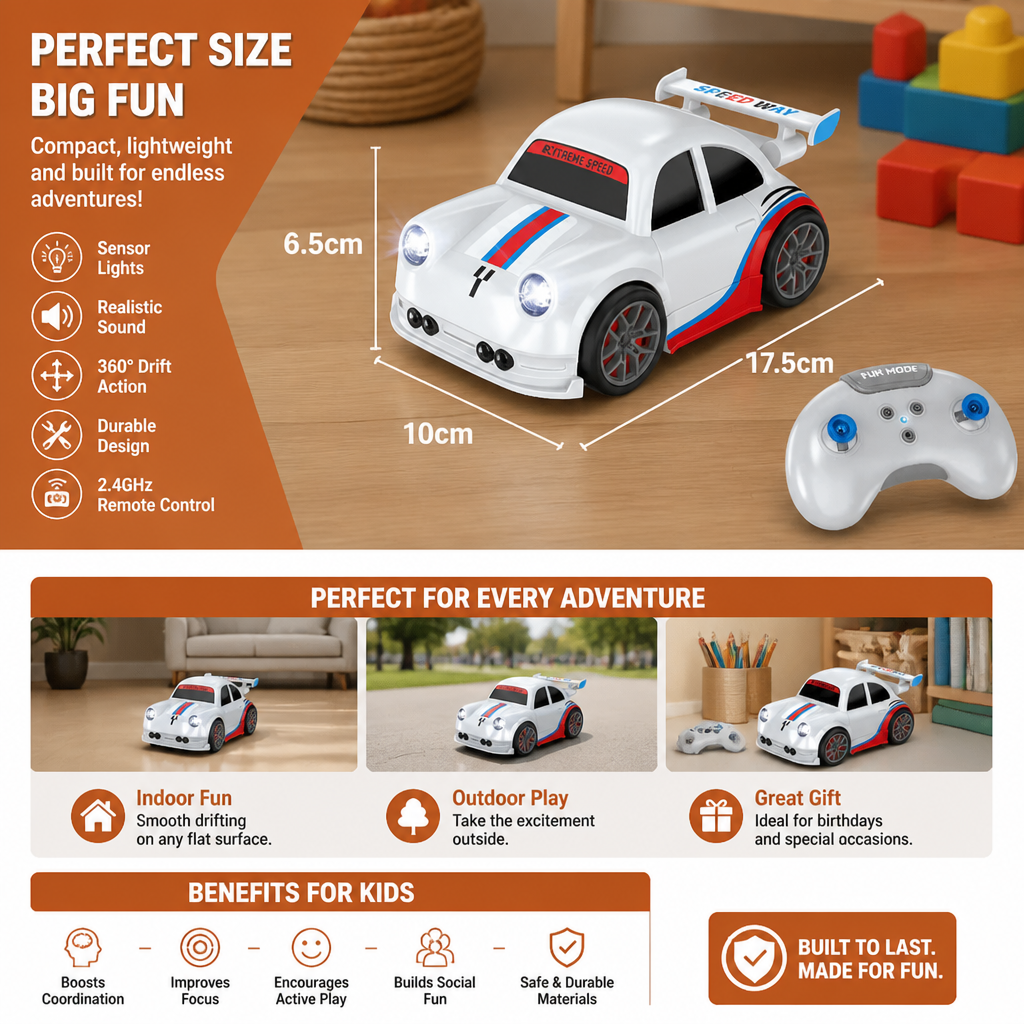 RC Racing Drift Car for Kids - Remote Control with Sensor Lights & Sound