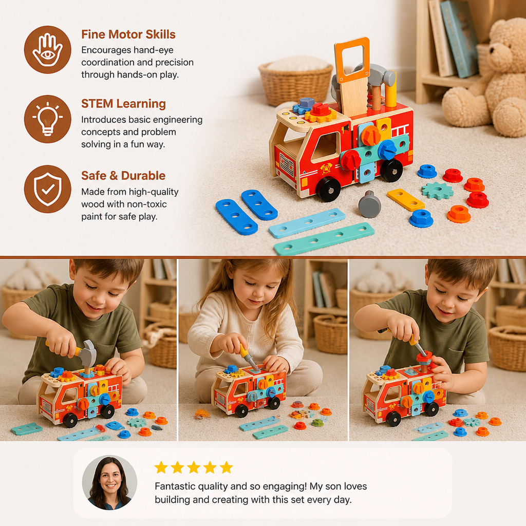 Montessori Wooden Firefighter Tool Box & Building Set