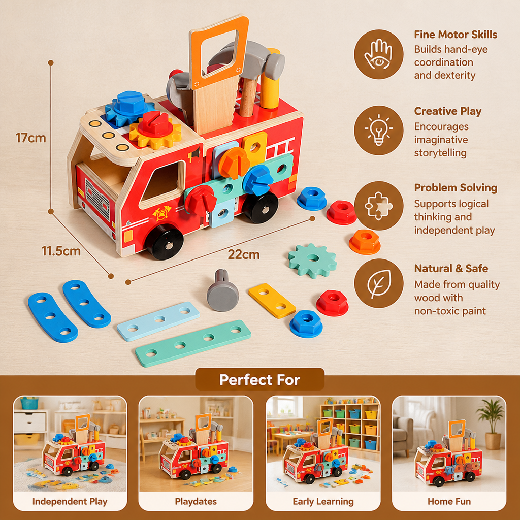 Montessori Wooden Firefighter Tool Box & Building Set