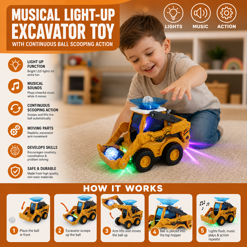 Musical Light-Up Excavator Toy with Continuous Ball Scooping Action