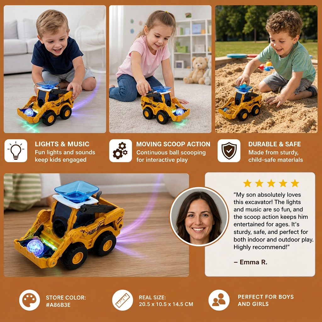 Musical Light-Up Excavator Toy with Continuous Ball Scooping Action