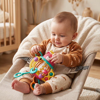 3-in-1 Multisensory Teething Toy with Pull Strings, Rattle & Rain Sounds for Babies