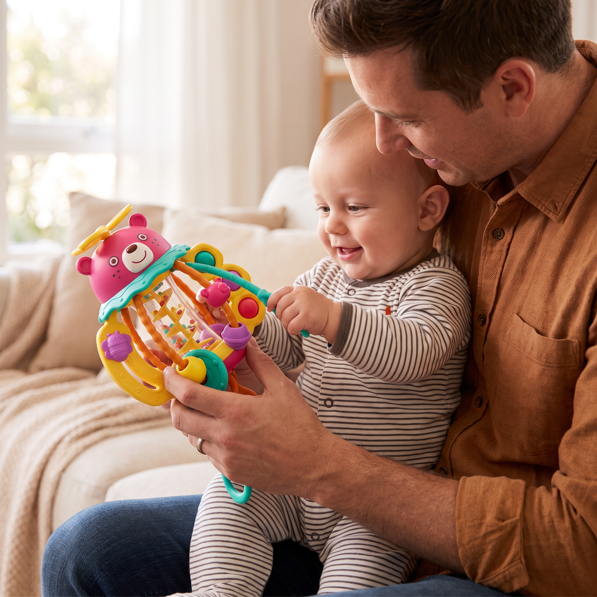 3-in-1 Multisensory Teething Toy with Pull Strings, Rattle & Rain Sounds for Babies