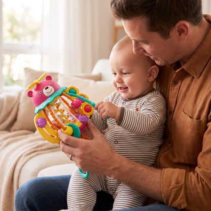 3-in-1 Multisensory Teething Toy with Pull Strings, Rattle & Rain Sounds for Babies