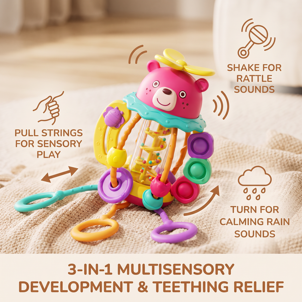 3-in-1 Multisensory Teething Toy with Pull Strings, Rattle & Rain Sounds for Babies