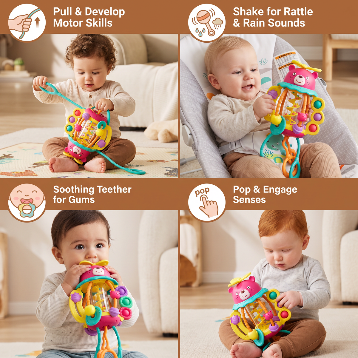 3-in-1 Multisensory Teething Toy with Pull Strings, Rattle & Rain Sounds for Babies
