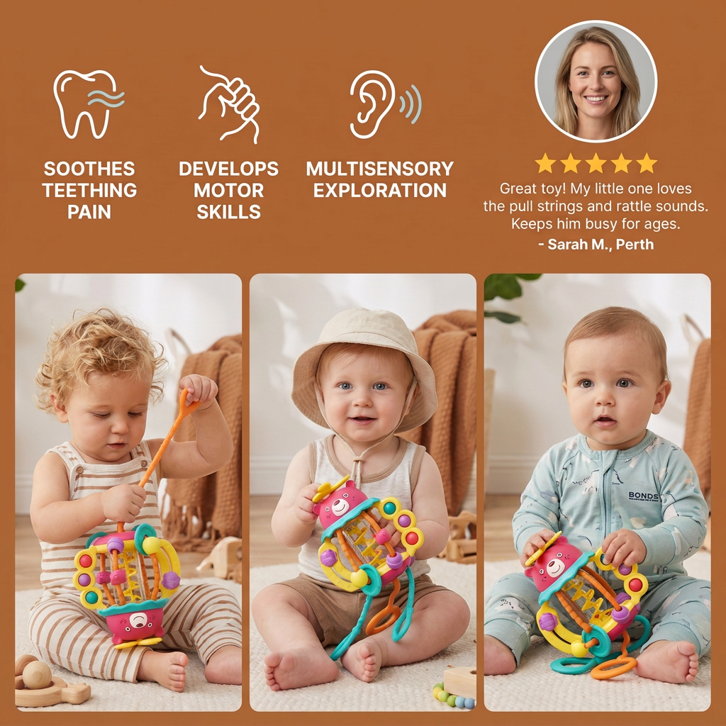 3-in-1 Multisensory Teething Toy with Pull Strings, Rattle & Rain Sounds for Babies