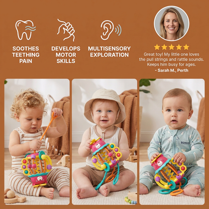 3-in-1 Multisensory Teething Toy with Pull Strings, Rattle & Rain Sounds for Babies