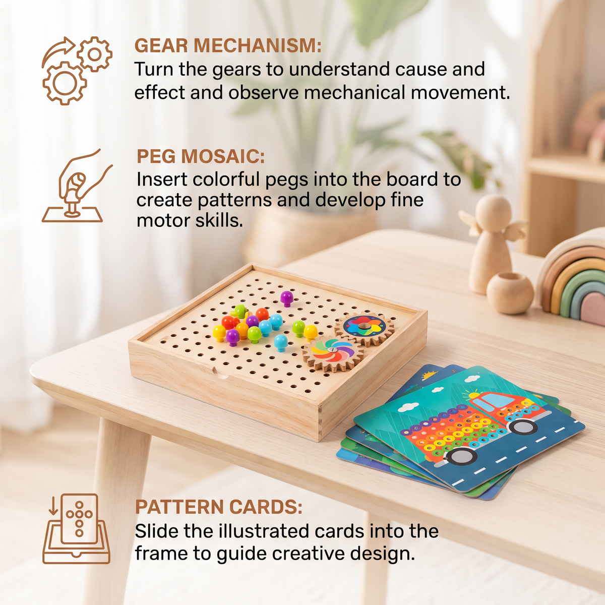 4-in-1 Montessori Wooden Sensory Travel Board with Gears & Colorful Pegs