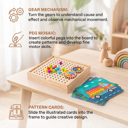 4-in-1 Montessori Wooden Sensory Travel Board with Gears & Colorful Pegs