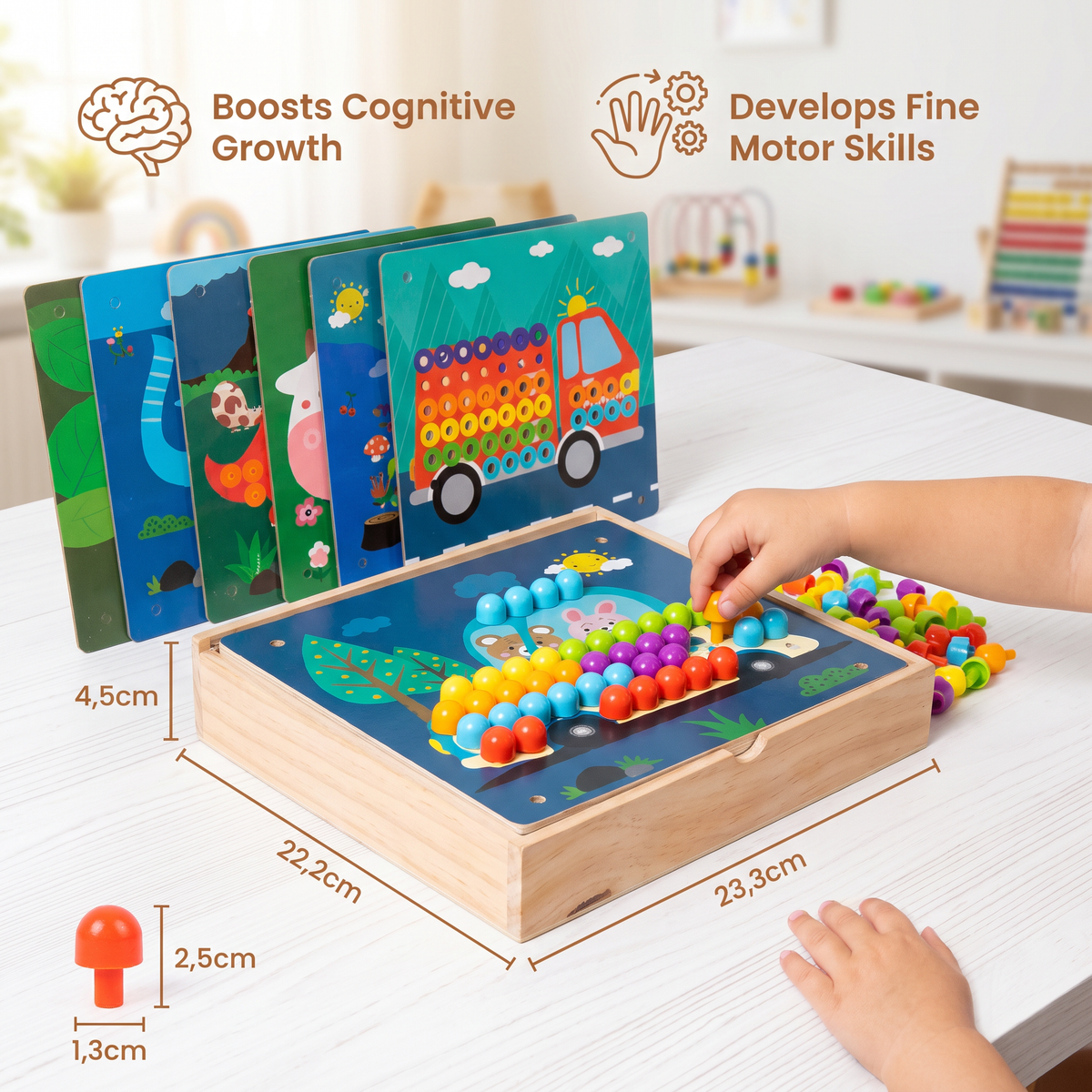 4-in-1 Montessori Wooden Sensory Travel Board with Gears & Colorful Pegs