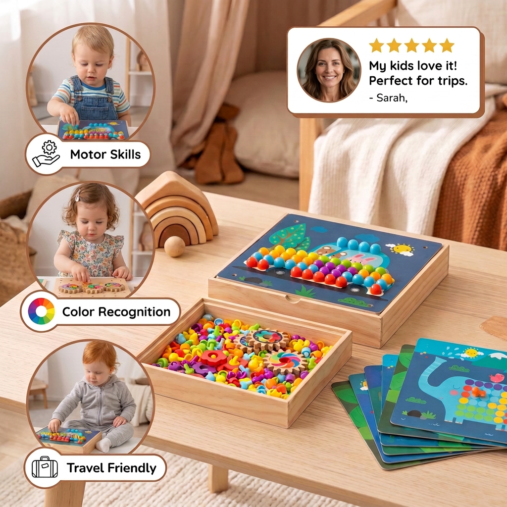 4-in-1 Montessori Wooden Sensory Travel Board with Gears & Colorful Pegs