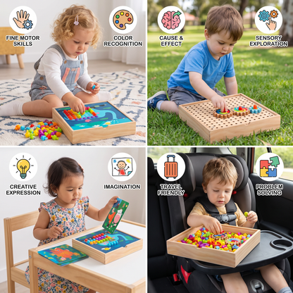 4-in-1 Montessori Wooden Sensory Travel Board with Gears & Colorful Pegs