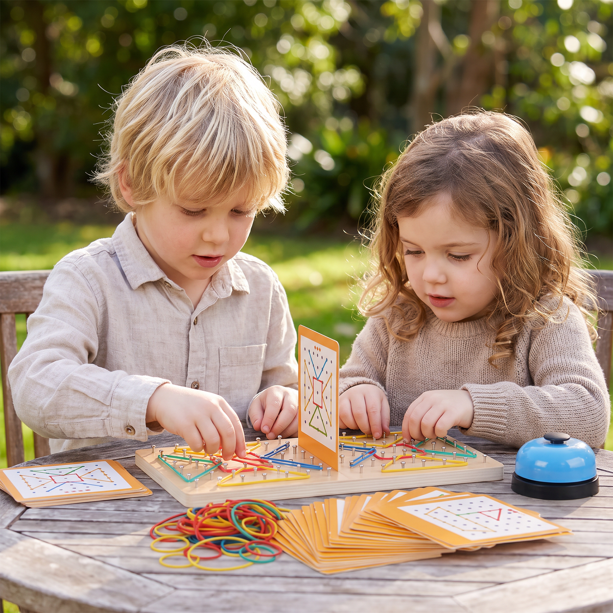 Montessori Wooden Geometry Battle Game with Colorful Rubber Bands