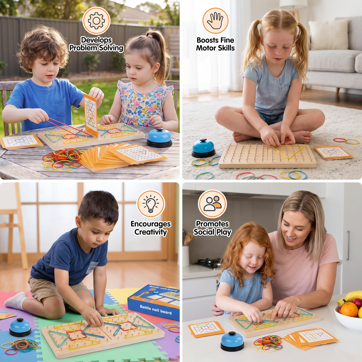 Montessori Wooden Geometry Battle Game with Colorful Rubber Bands