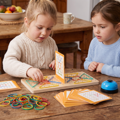 Montessori Wooden Geometry Battle Game with Colorful Rubber Bands