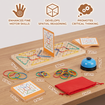Montessori Wooden Geometry Battle Game with Colorful Rubber Bands