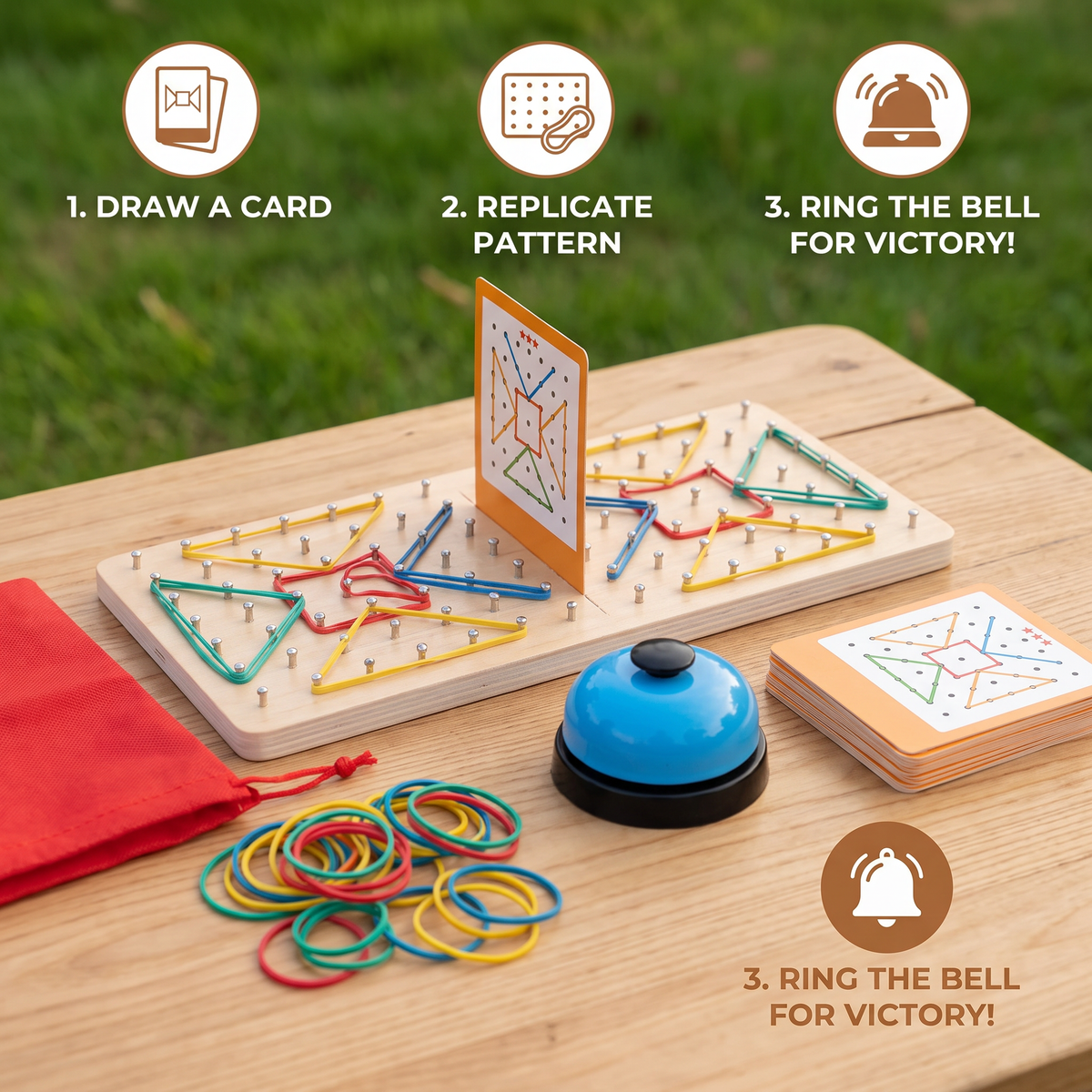 Montessori Wooden Geometry Battle Game with Colorful Rubber Bands