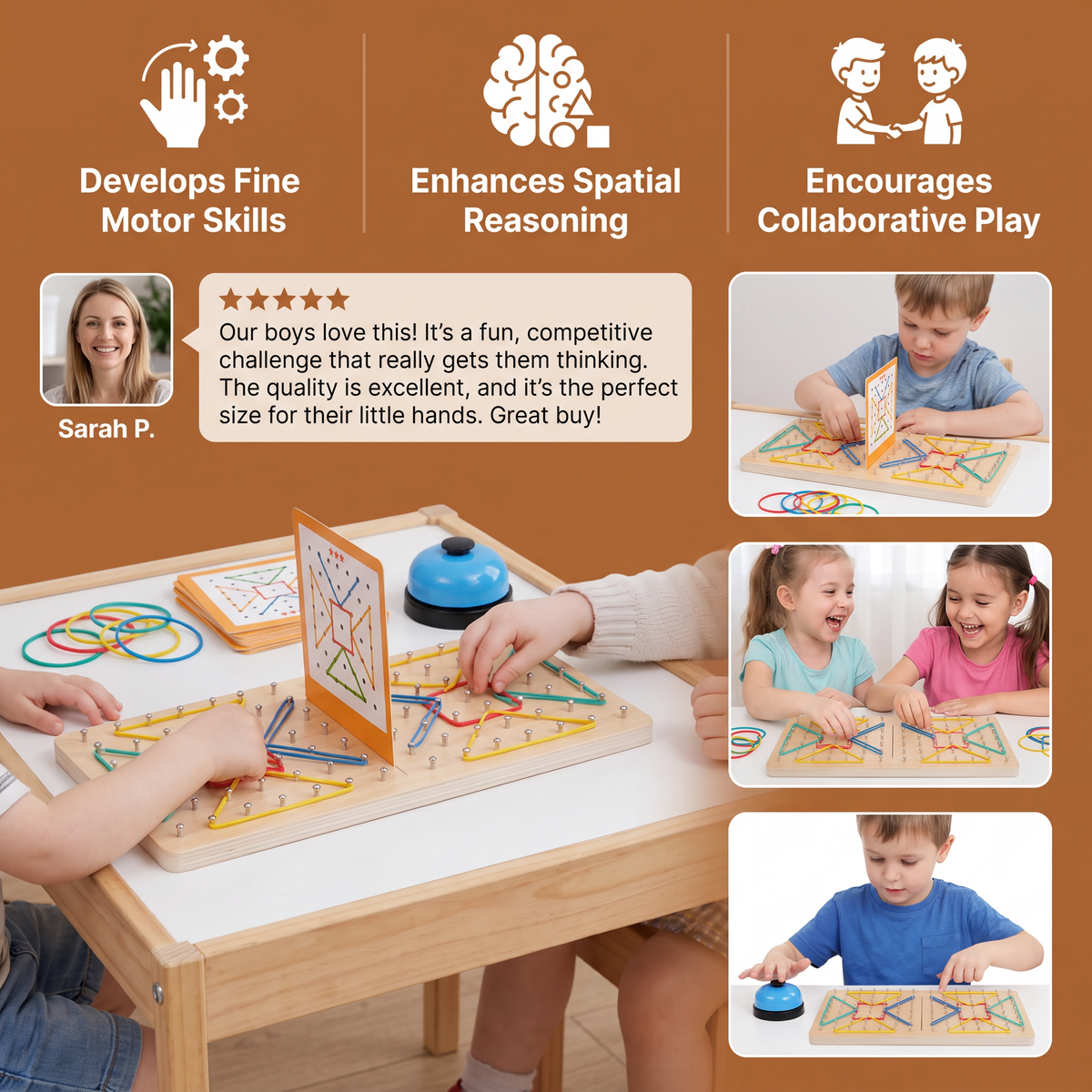 Montessori Wooden Geometry Battle Game with Colorful Rubber Bands