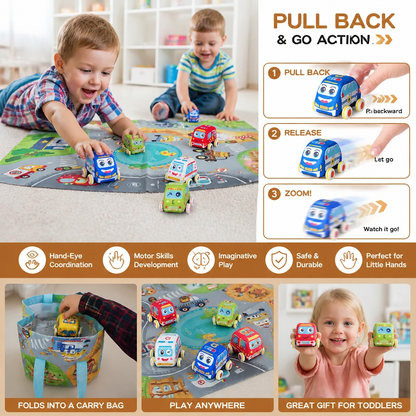 Soft Pull-Back Car Toy Set with Foldable Playmat Carry Bag for Toddlers