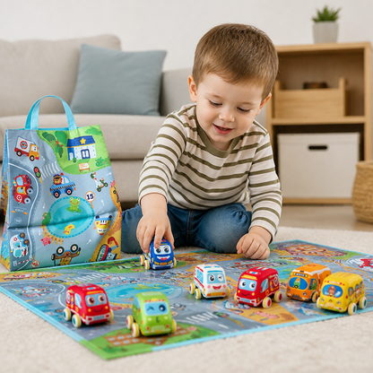 Soft Pull-Back Car Toy Set with Foldable Playmat Carry Bag for Toddlers